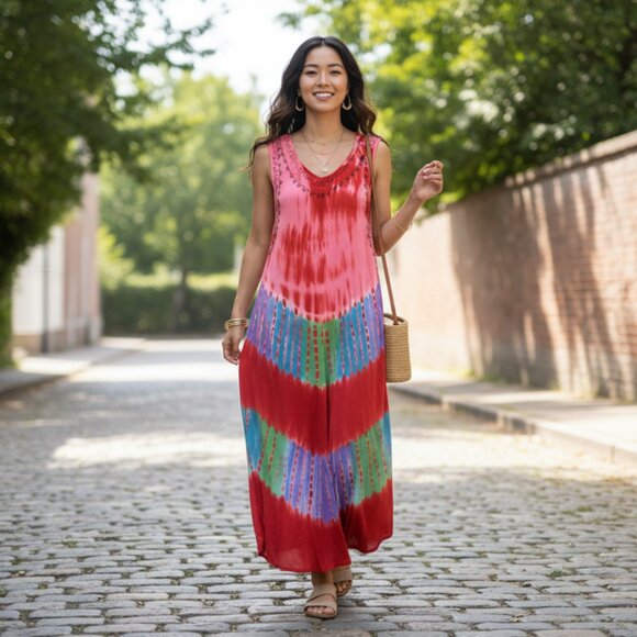 *Flowy Tie-Dye Embroidered Maxi Dress - Picture 1 of 7